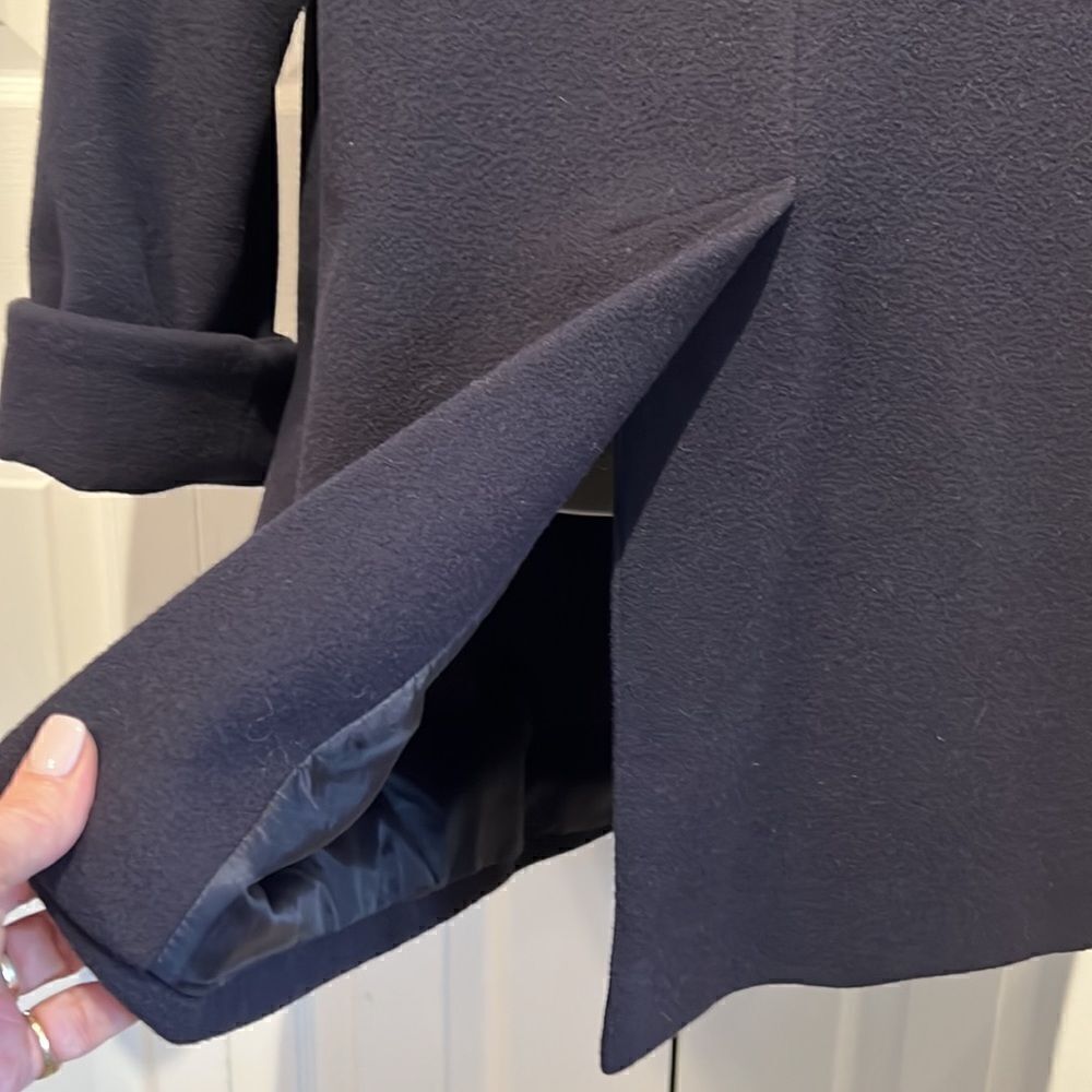 Steilmann Navy Wool Blend Coat With Brown Faux Fur Collar Size 10 - Picture 11 of 13